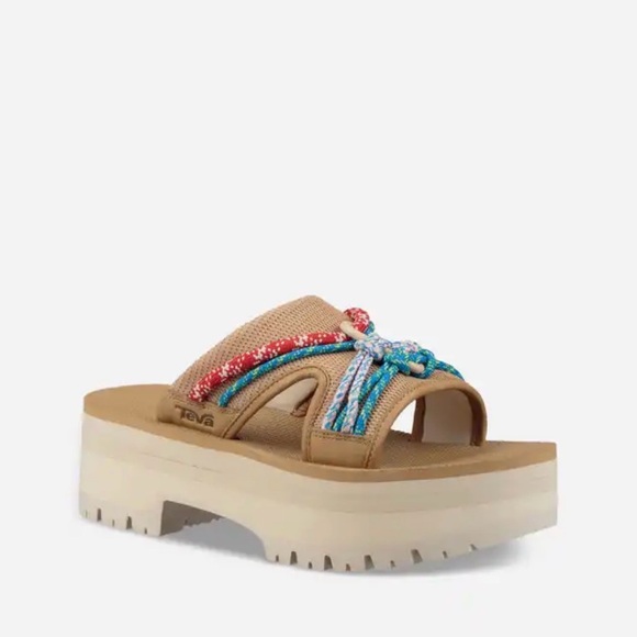 Teva Shoes - Teva Indio Carabiner Slide Rope Platform Sandals Stretchy tan, red, white, blue